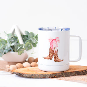 Cowboy Boots with Girly Coquette Pink Bow Stainless Steel Cup with Lid