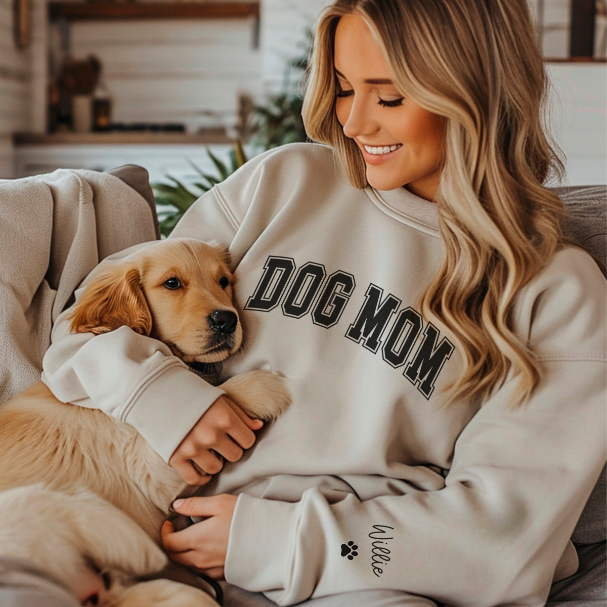 Dog Mom Collegiate Letters Sweatshirt with Custom Pet Name on Sleeve