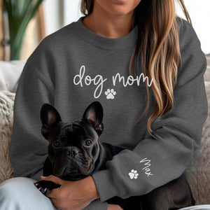 Dog Mom Crewneck Sweatshirt with Pet Name on Sleeve