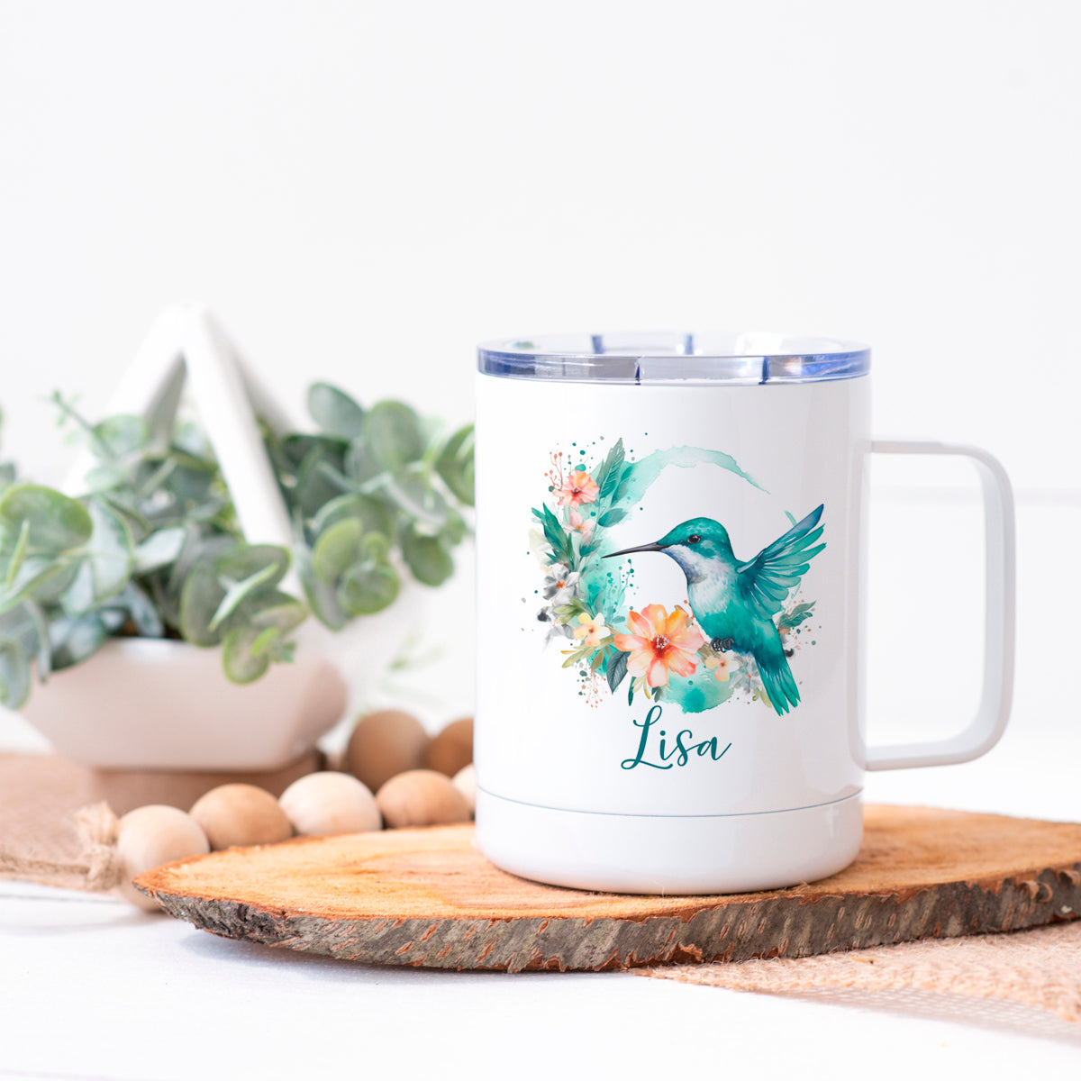 Personalized Floral Hummingbird Stainless Steel Coffee Cup