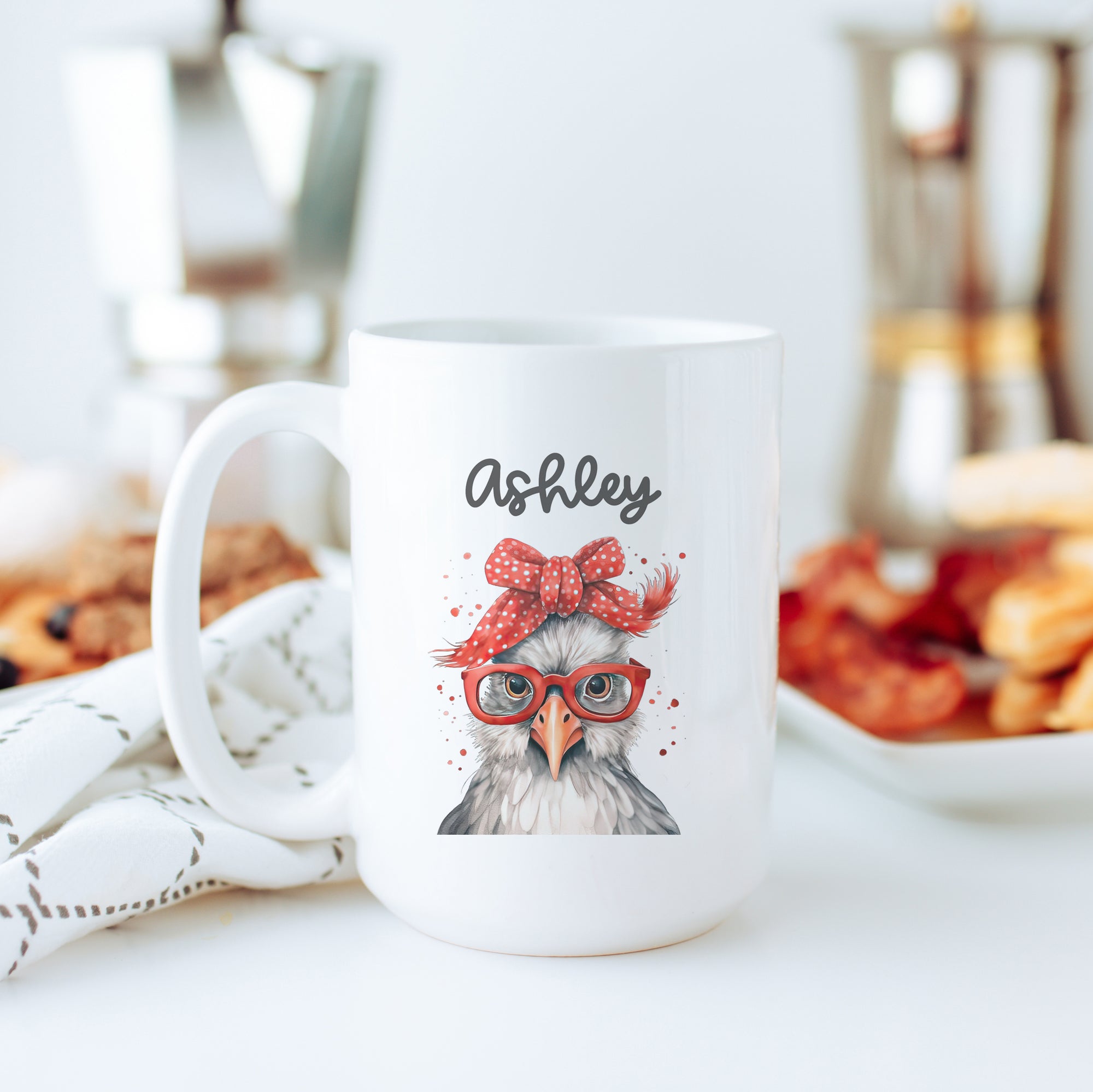 Personalized White Chicken with Red Bandana and Glasses Mug