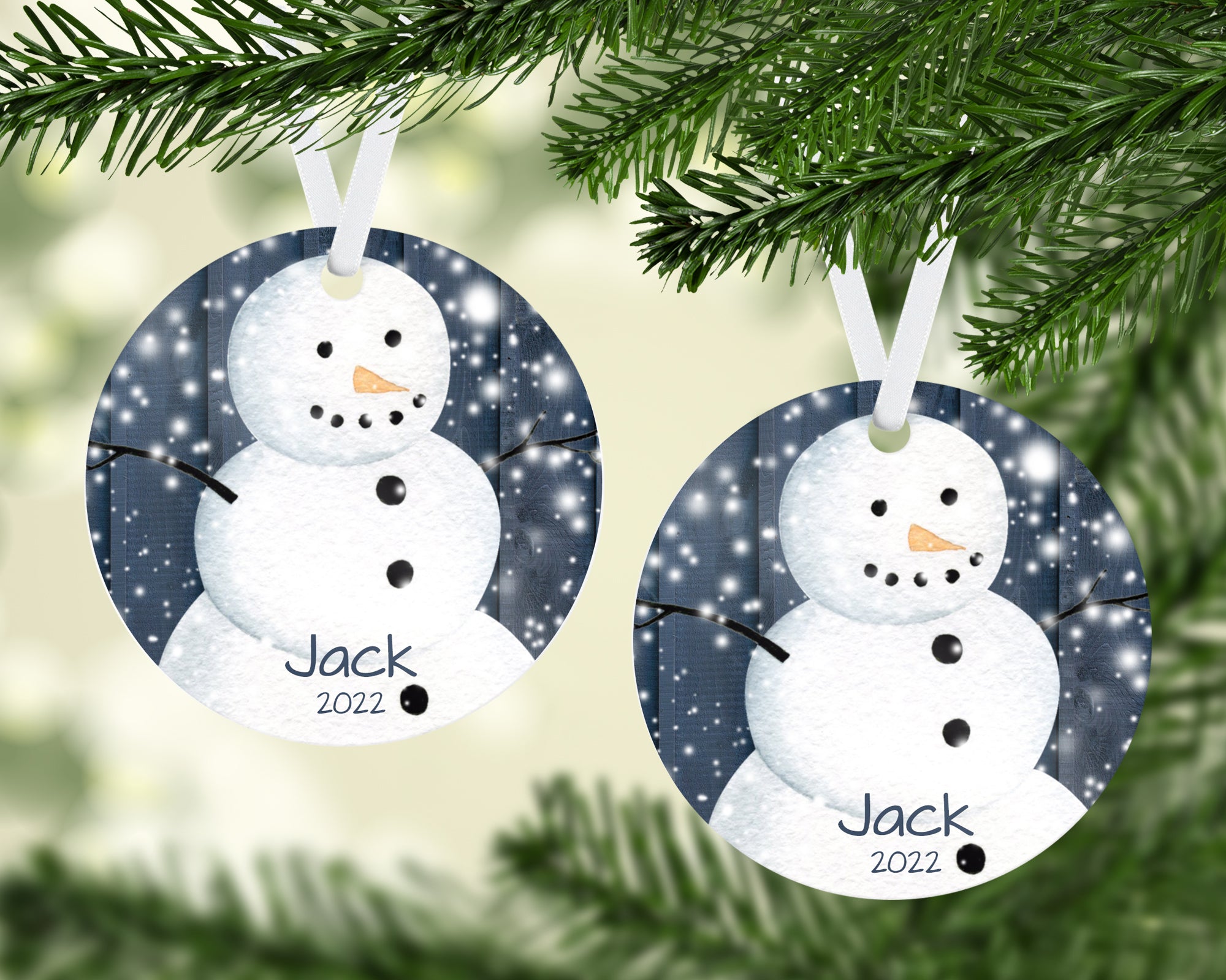 Personalized Snowman on Blue Christmas Ornament