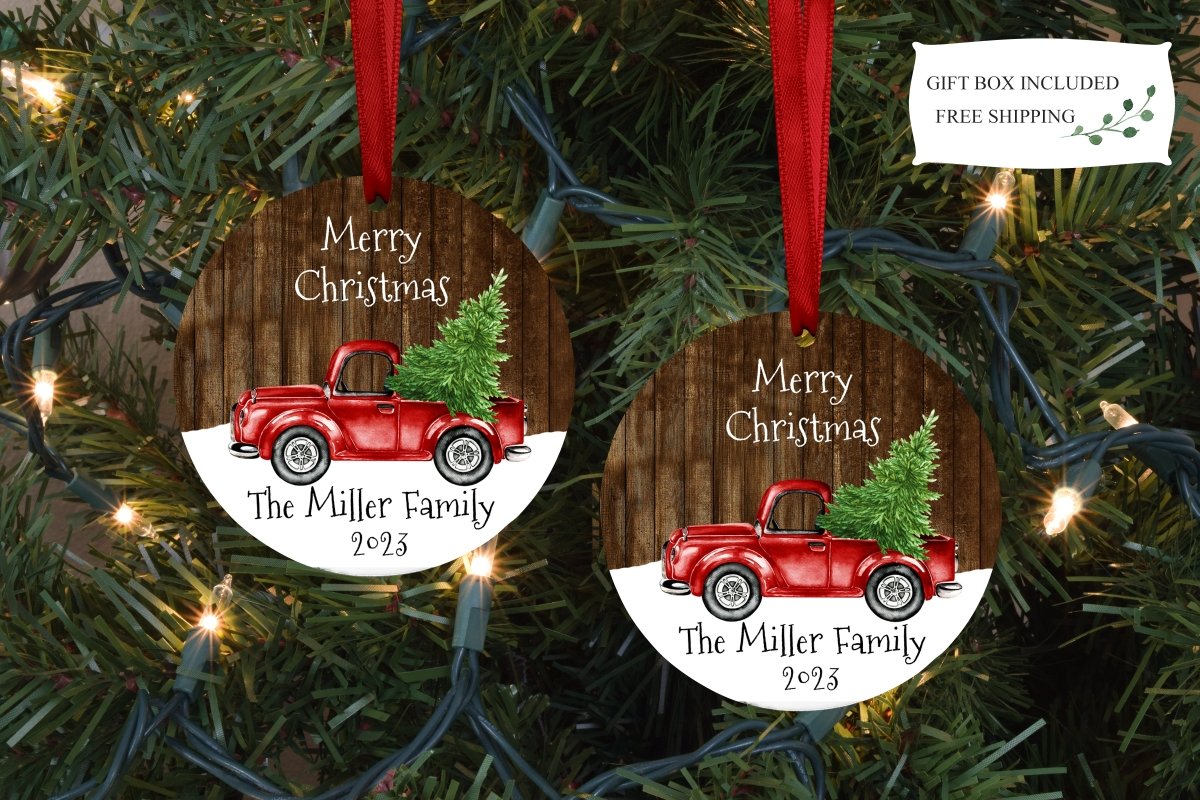 Merry Christmas Red Truck Family Name Round Ornament - Zookaboo