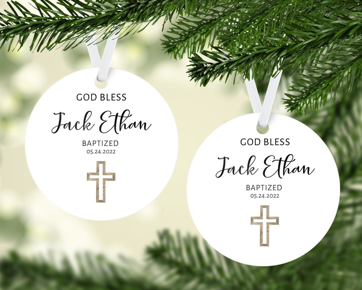 Personalized Baptism Gold Cross Round Ornament - Zookaboo
