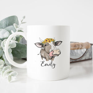 Personalized Cow Sunflowers Mug - Zookaboo