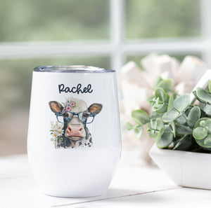 Personalized Cow with Glasses Wine Tumbler - Zookaboo