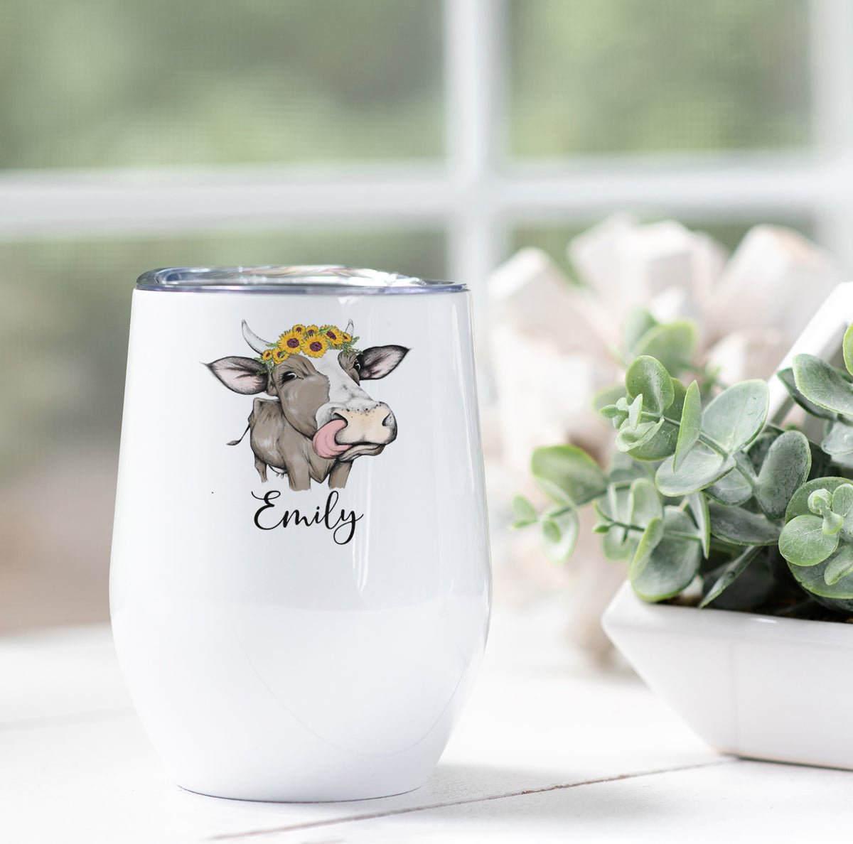 Personalized Cow with Sunflowers Wine Tumbler - Zookaboo