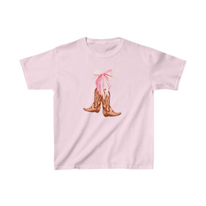 Kids Heavy Cotton Tee - Cowboy Boots with Pink Bow - Available in White or Pinkn