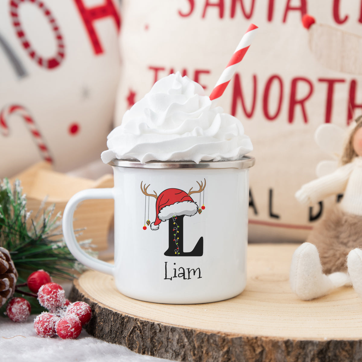 Personalized Christmas Monogram Camp Cup with Santa Hat and Christmas Lights