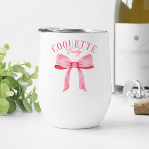 Coquette Girly Pink Bow Stainless Steel Stemless Wine Tumbler Cup with Lid