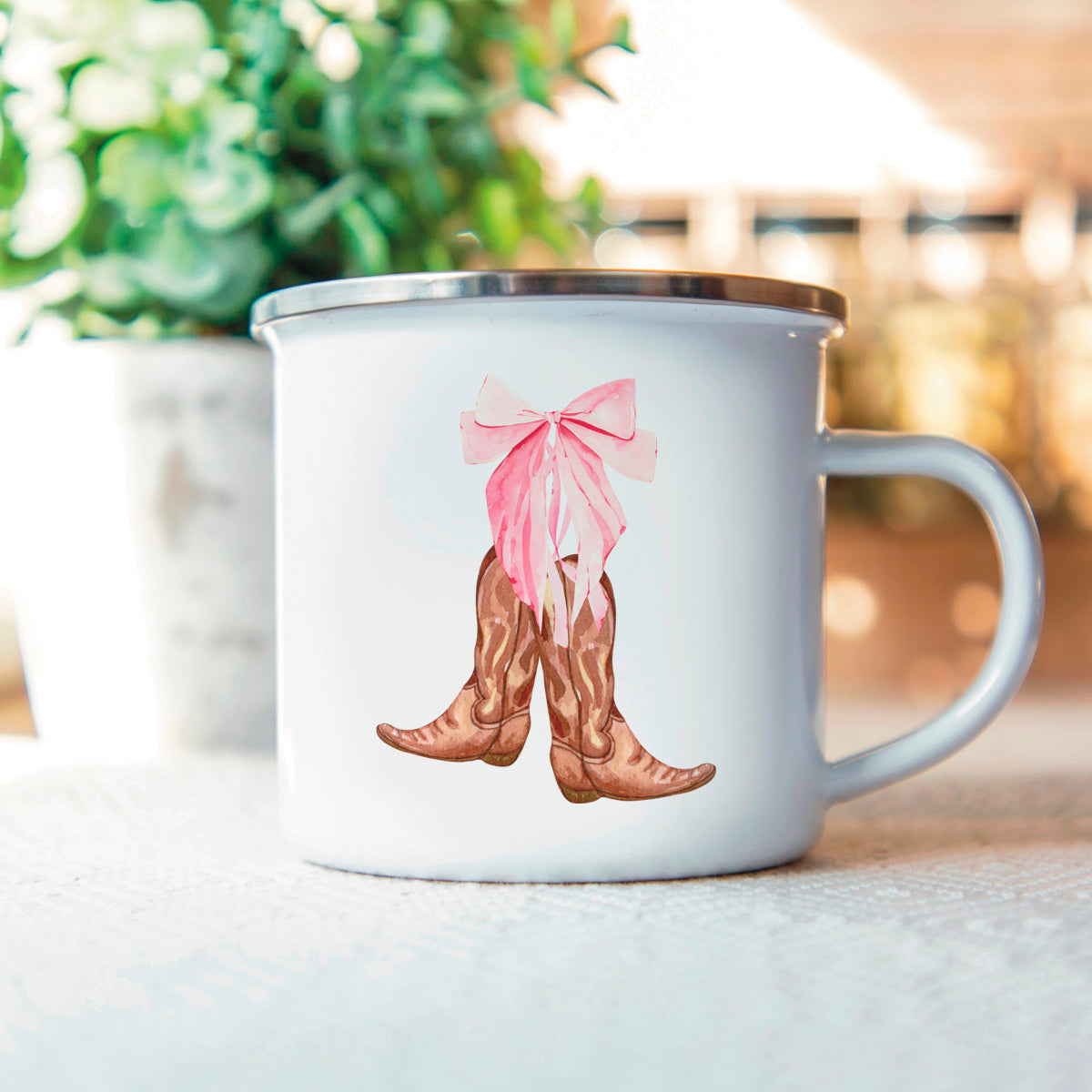 Cowboy Boots with Pink Bow Stainless Steel Campfire Mug