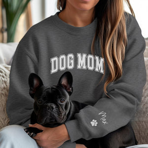 Dog Mom Varsity Letters with Custom Pet Name on Sleeve Crewneck Sweatshirt