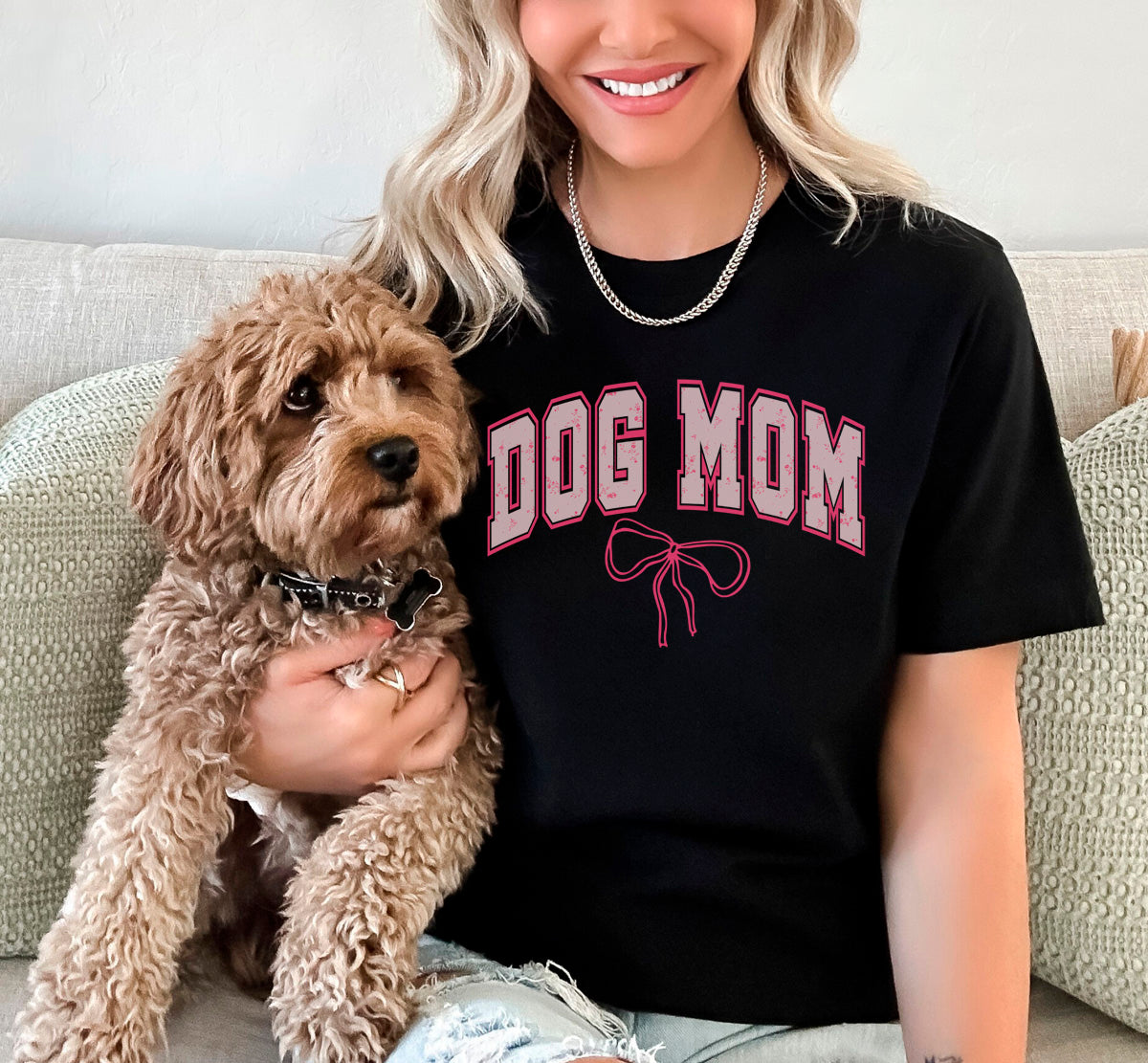 Women's Dog Mom with Pink Coquette Bow T Shirt