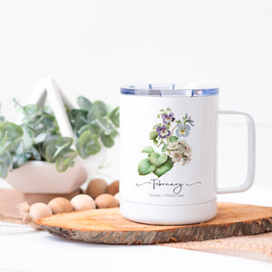February Birth Flower Stainless Steel Coffee Cup with Lid