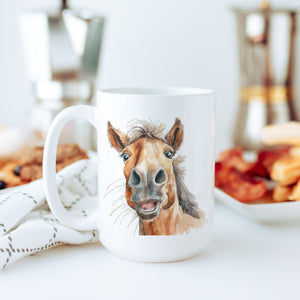 White Ceramic Coffee Mug with Funny Horse Face