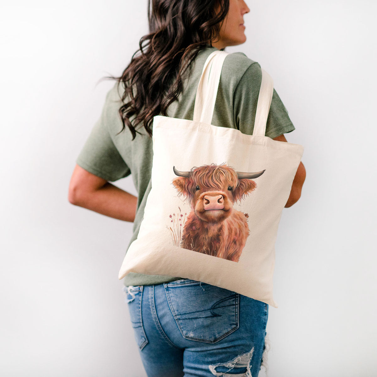 Cotton Canvas Tote with  Cute Highland Cow