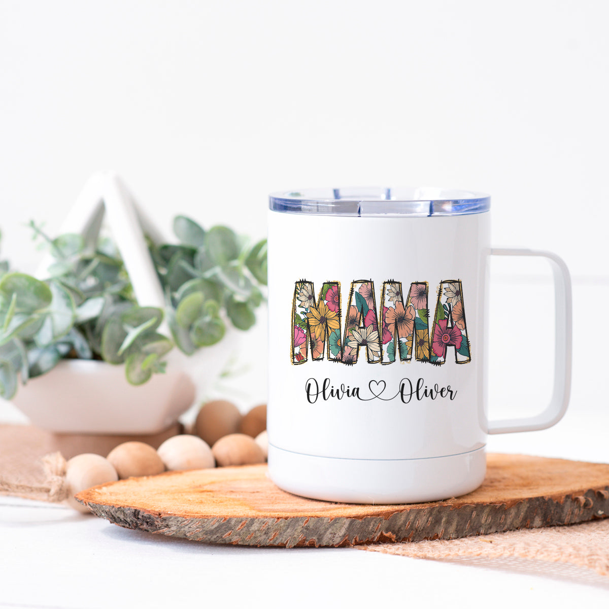 Personalized Bright Floral Mama Stainless Steel Coffee Cup with Kids Names