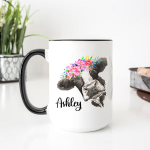 Personalized Cow with Flowers White Ceramic Coffee Mug