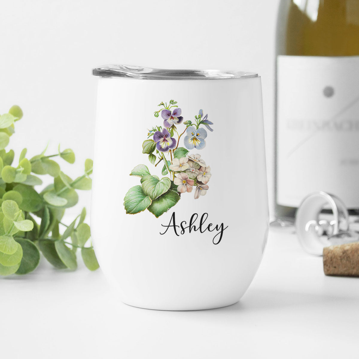 Personalized February Birth Flower Wine Tumbler Cup