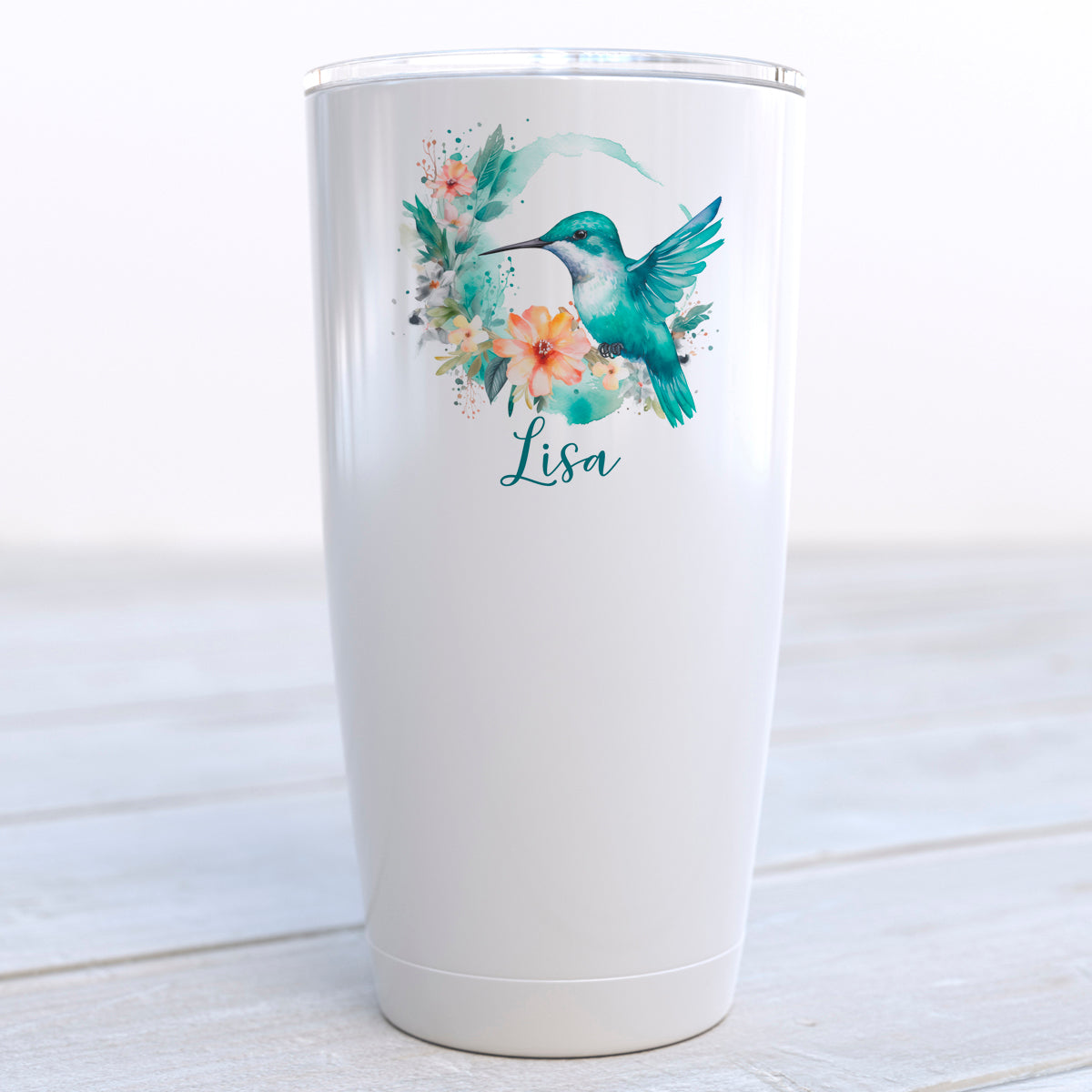 Personalized Floral Hummingbird Stainless Steel Travel Coffee Cup with Lid