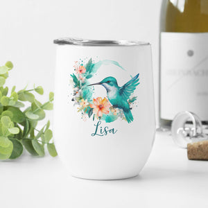 Personalized Floral Hummingbird Stainless Steel Wine Tumbler Cup with Lid