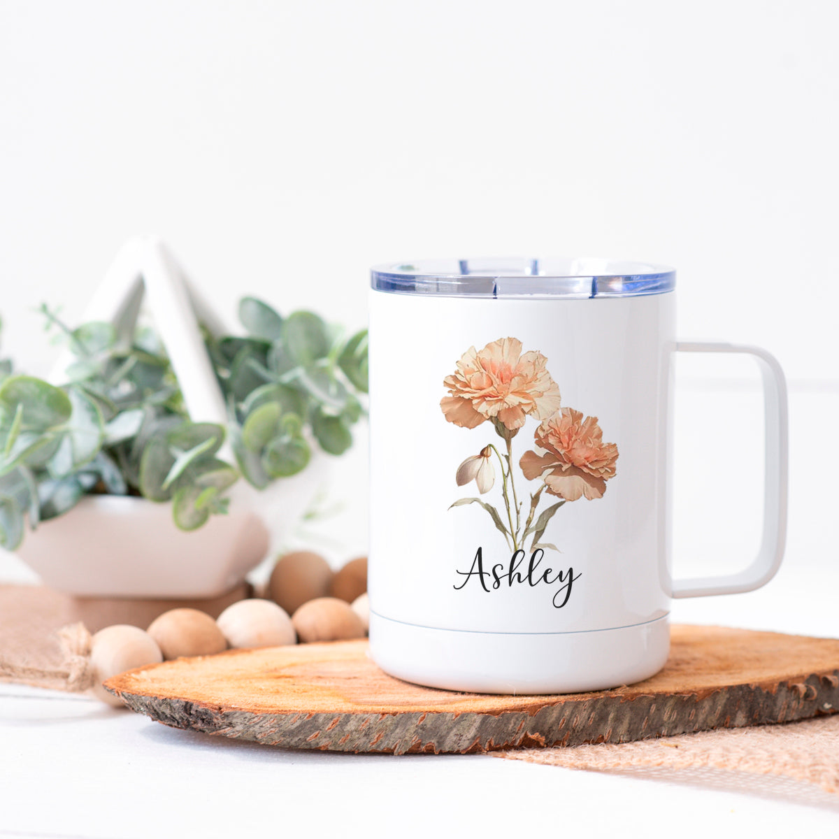 Personalized January Birth Month Flower Stianless Steel Travel Coffee Cup