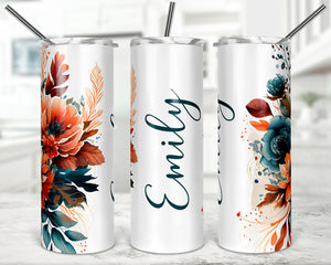 Personalized Rustic Orange and Blue Floral Skinny Tumbler