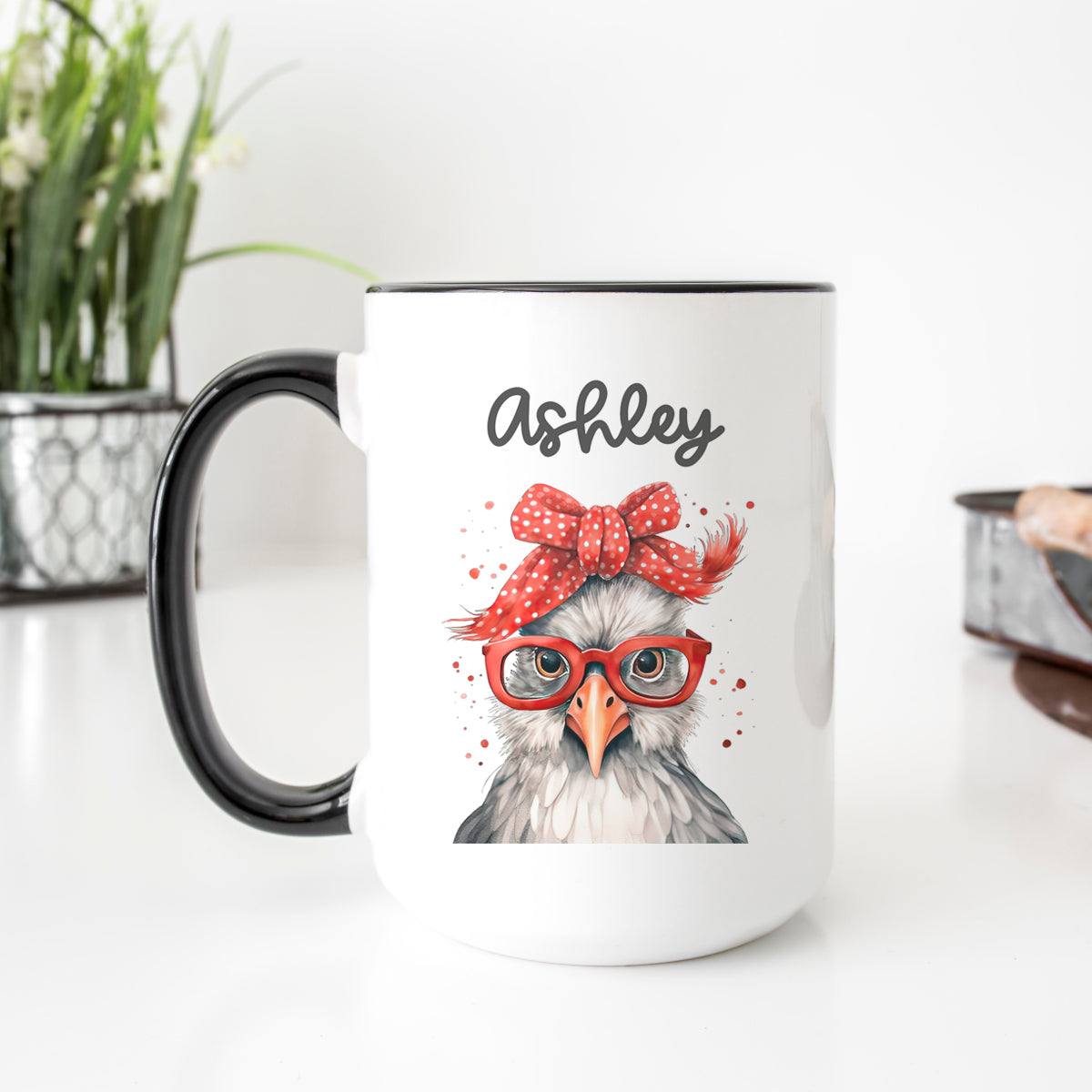 Personalized White Chicken with Red Bandana and Glasses Mug