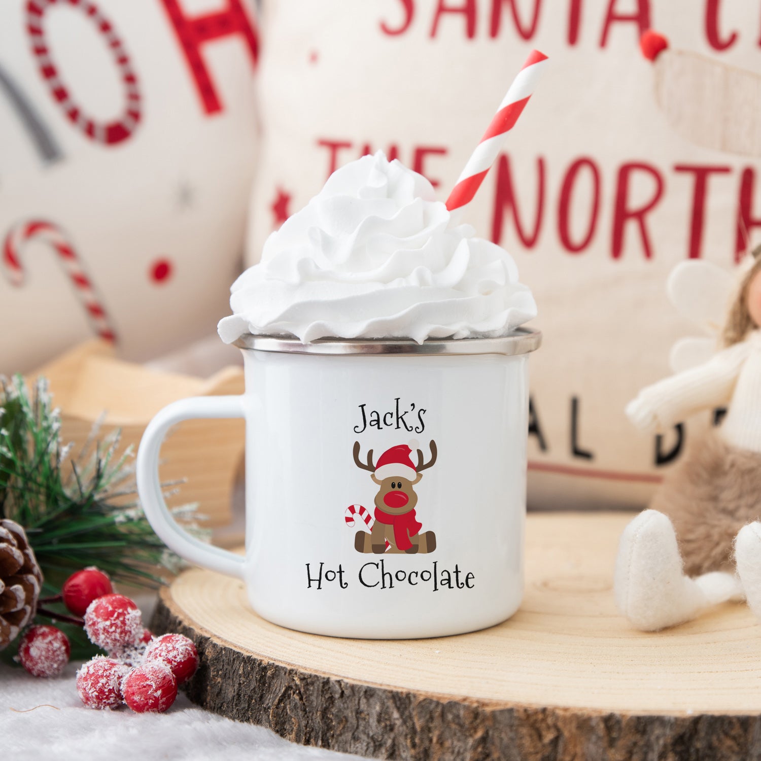 Personalized Red Nosed Reindeer Hot Chocolate Cup