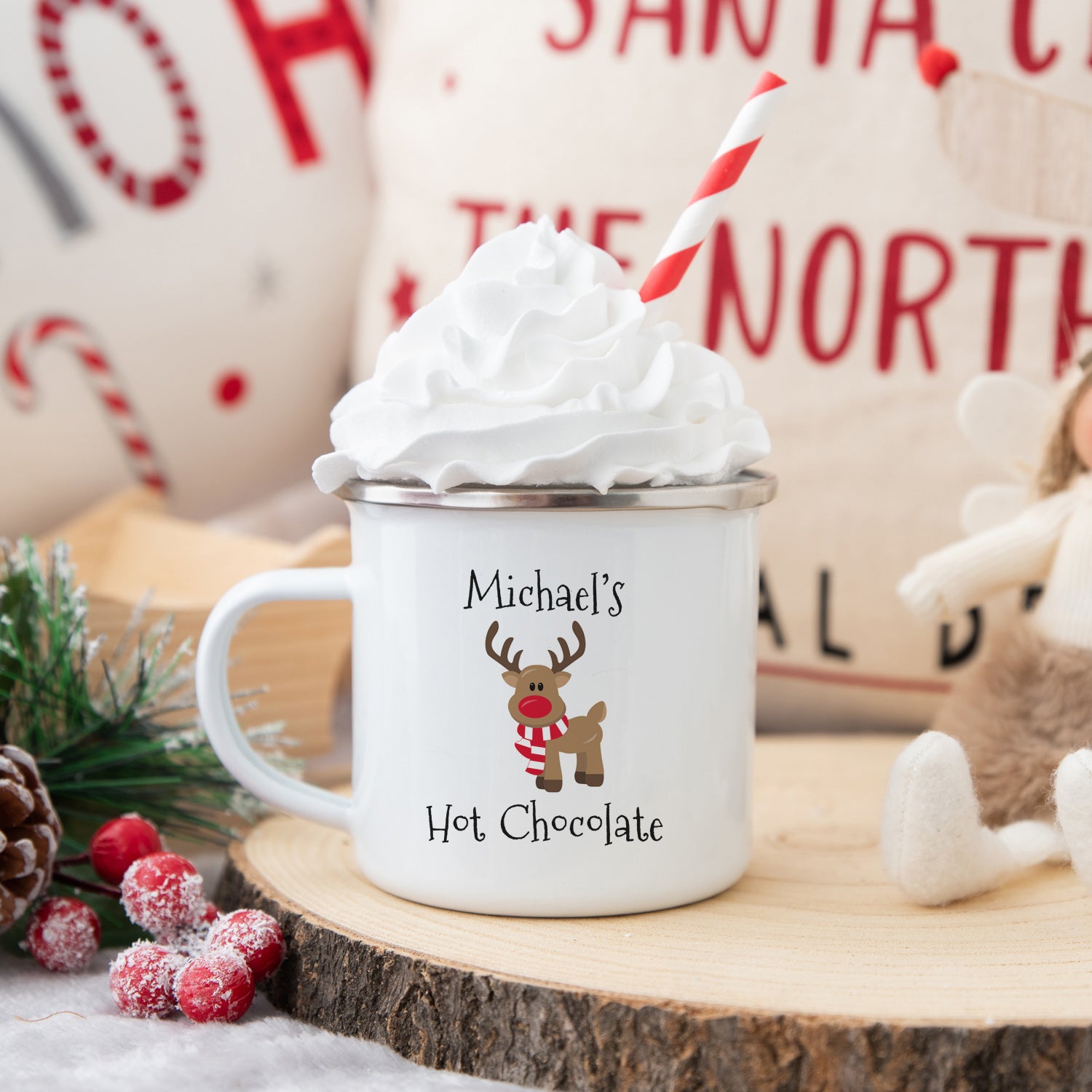Custom Red Nosed Reindeer Hot Cocoa Cup