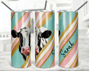 Personalized Cow Tumbler with Name Retro Boho Stripes