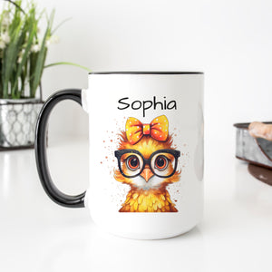 Personalized Ceramic Coffee Mug With Cute Yellow Chick With Black Glasses