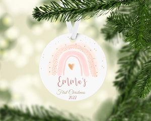 Baby Girl's First Christmas Pink Rainbow Round Ornament - Zookaboo