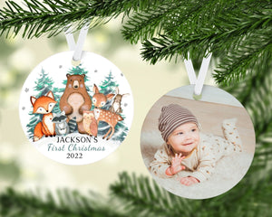 Baby's First Christmas Woodland Animals in Forest on White Photo Round Ornament - Zookaboo