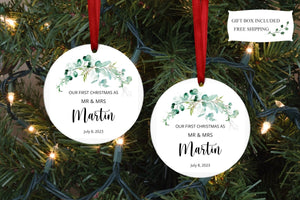 Our First Christmas As Mr and Mrs Round Ornament Greenery - Zookaboo