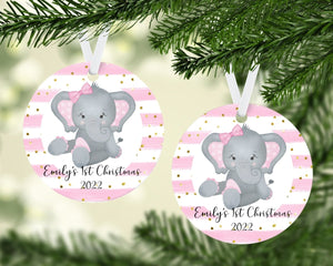 Personalized Baby Girl Pink Elephant Round Ornament - Zookaboo