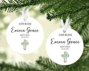 Personalized Baptism Gold Cross Greenery Round Ornament - Zookaboo
