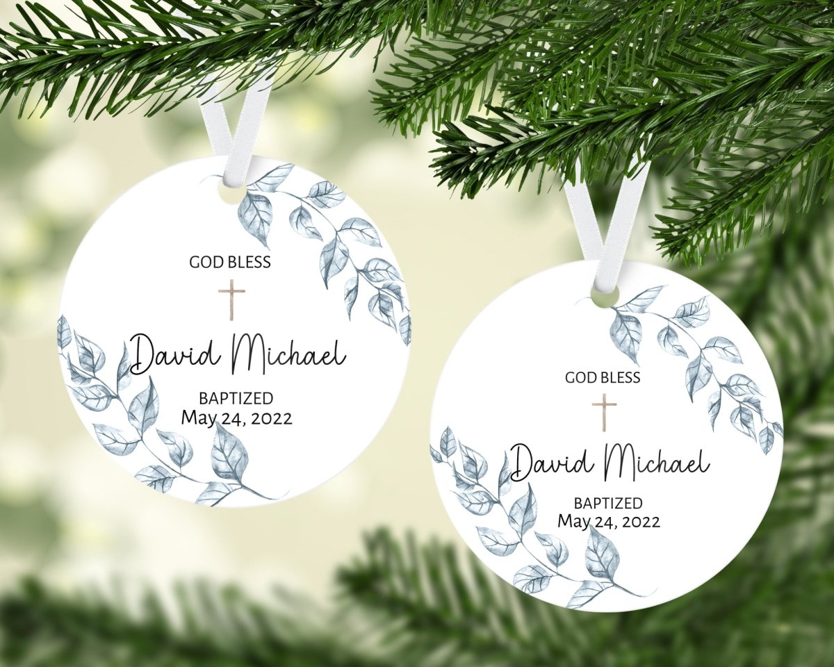 Personalized Blue Gray Vines Baptism Round Ornament - Zookaboo