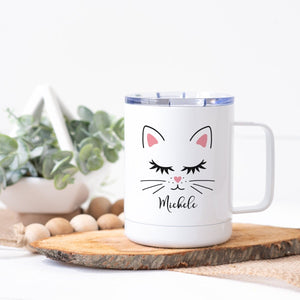 Personalized Cat Face Whiskers Steel Coffee Cup - Zookaboo