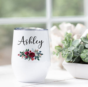 Personalized Christmas Floral Wine Tumbler - Zookaboo