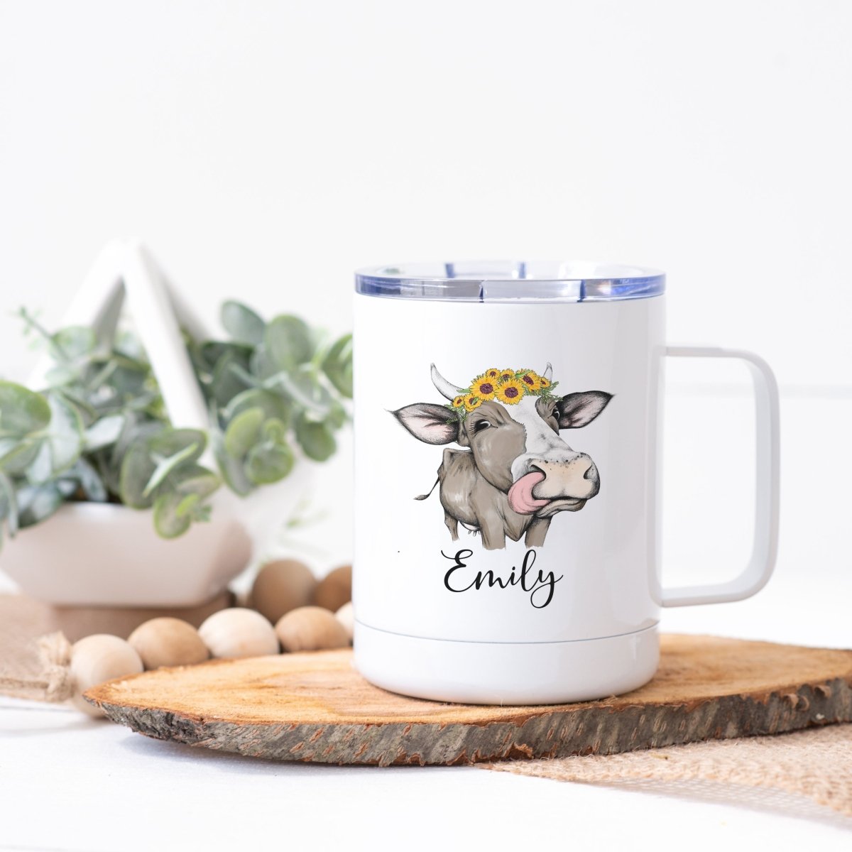 Personalized Cow Sunflower Steel Coffee Cup - Zookaboo