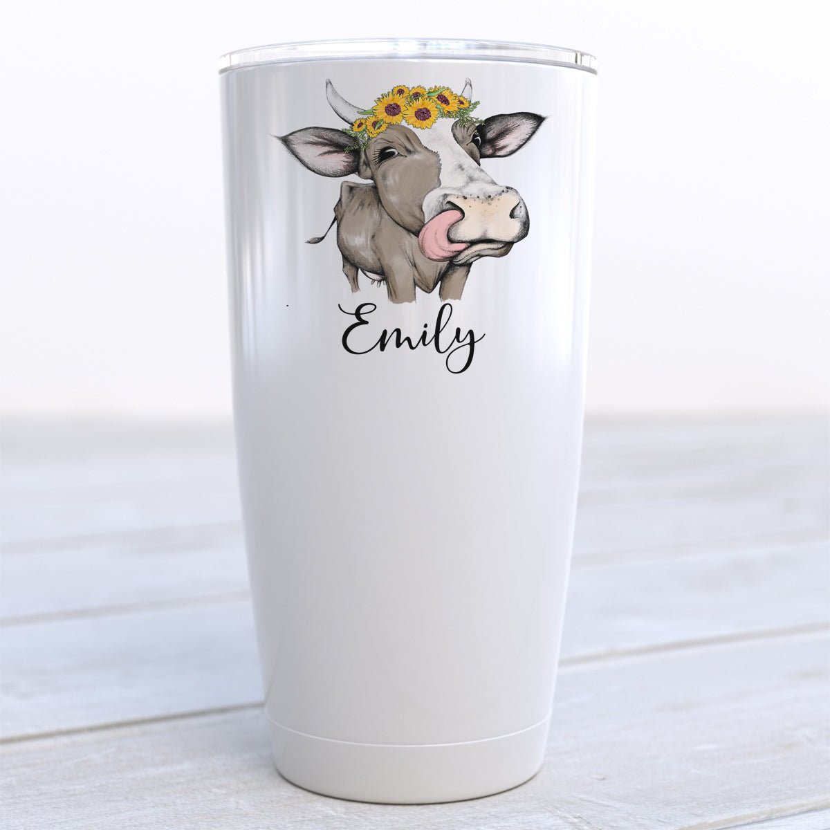 Personalized Cow with Sunflowers Travel Cup - Zookaboo