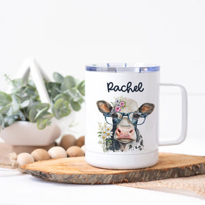 Personalized Cute Cow with Eyeglasses Steel Coffee Cup - Zookaboo