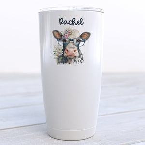 Personalized Cute Cow with Glasses Travel Cup - Zookaboo