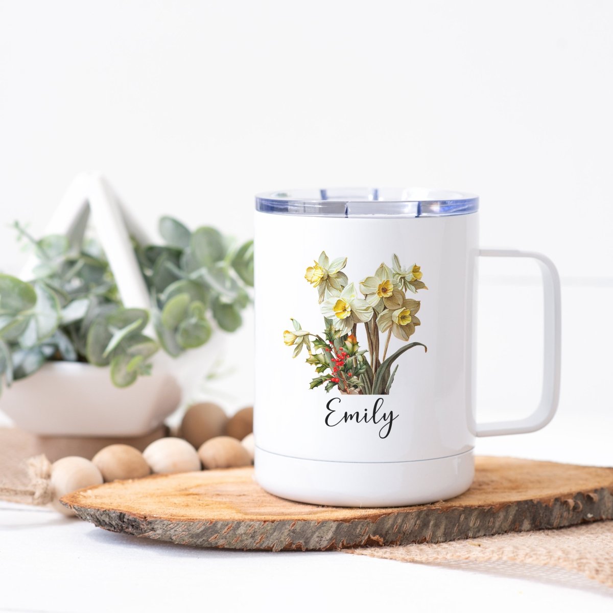 Personalized December Birth Month Flower Steel Coffee Cup - Zookaboo