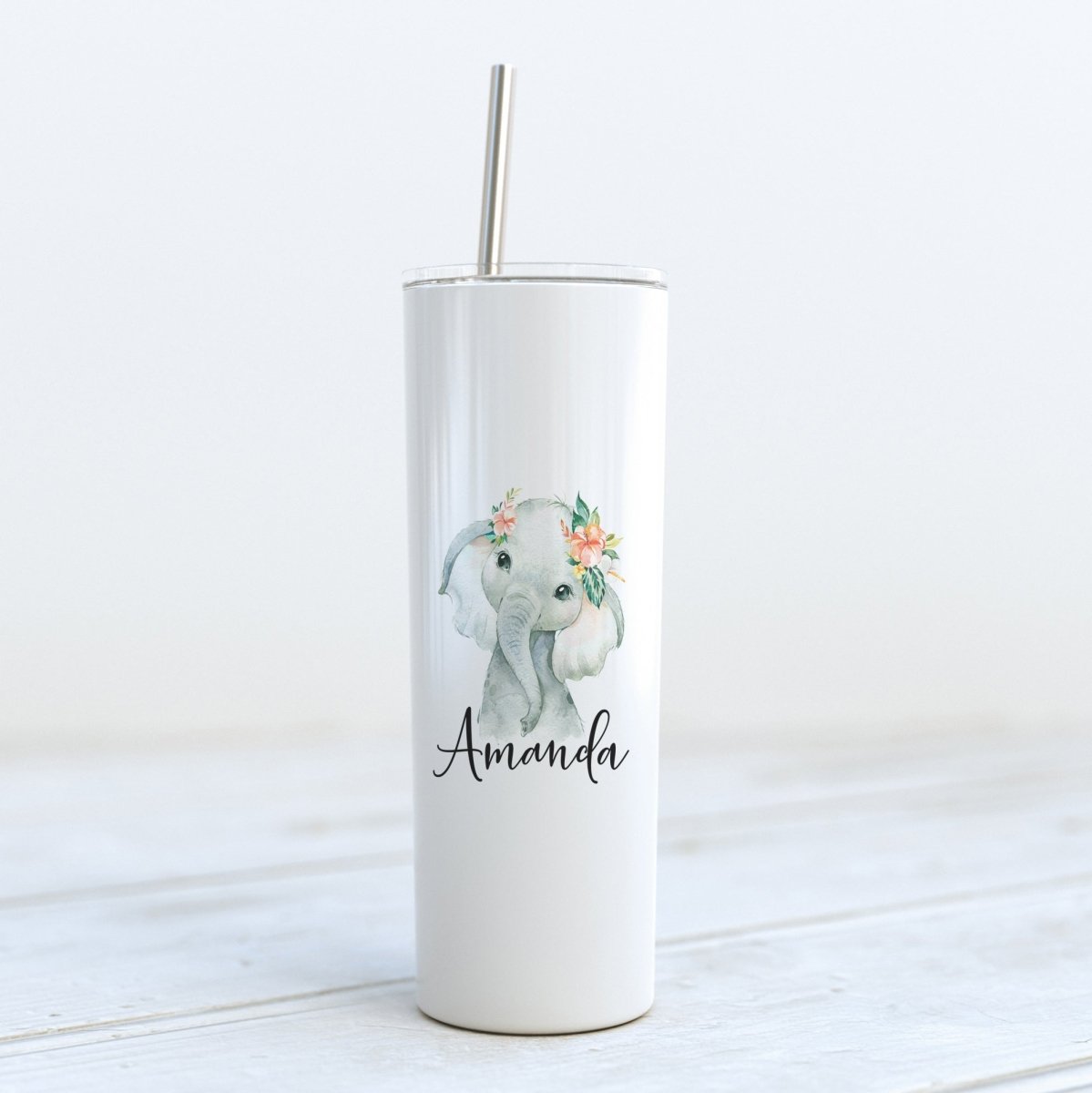 Personalized Elephant Floral Skinny Tumbler - Zookaboo