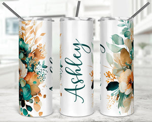 Personalized Emerald Green and Tan Floral Skinny Tumbler - Zookaboo