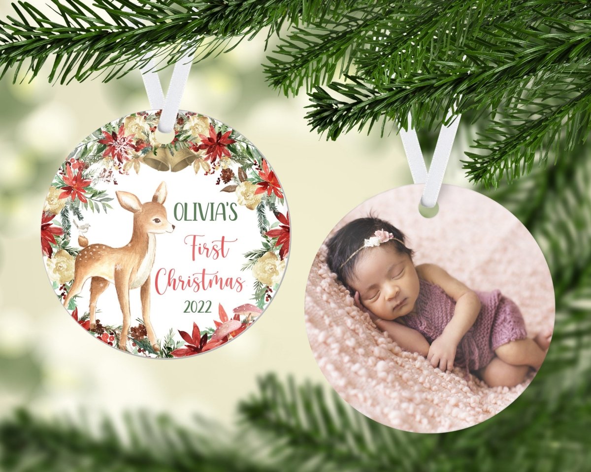 Personalized First Christmas Reindeer Photo Round Ornament - Zookaboo