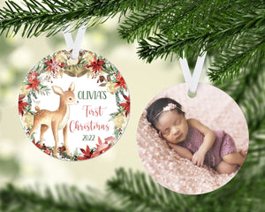 Personalized First Christmas Reindeer Photo Round Ornament - Zookaboo
