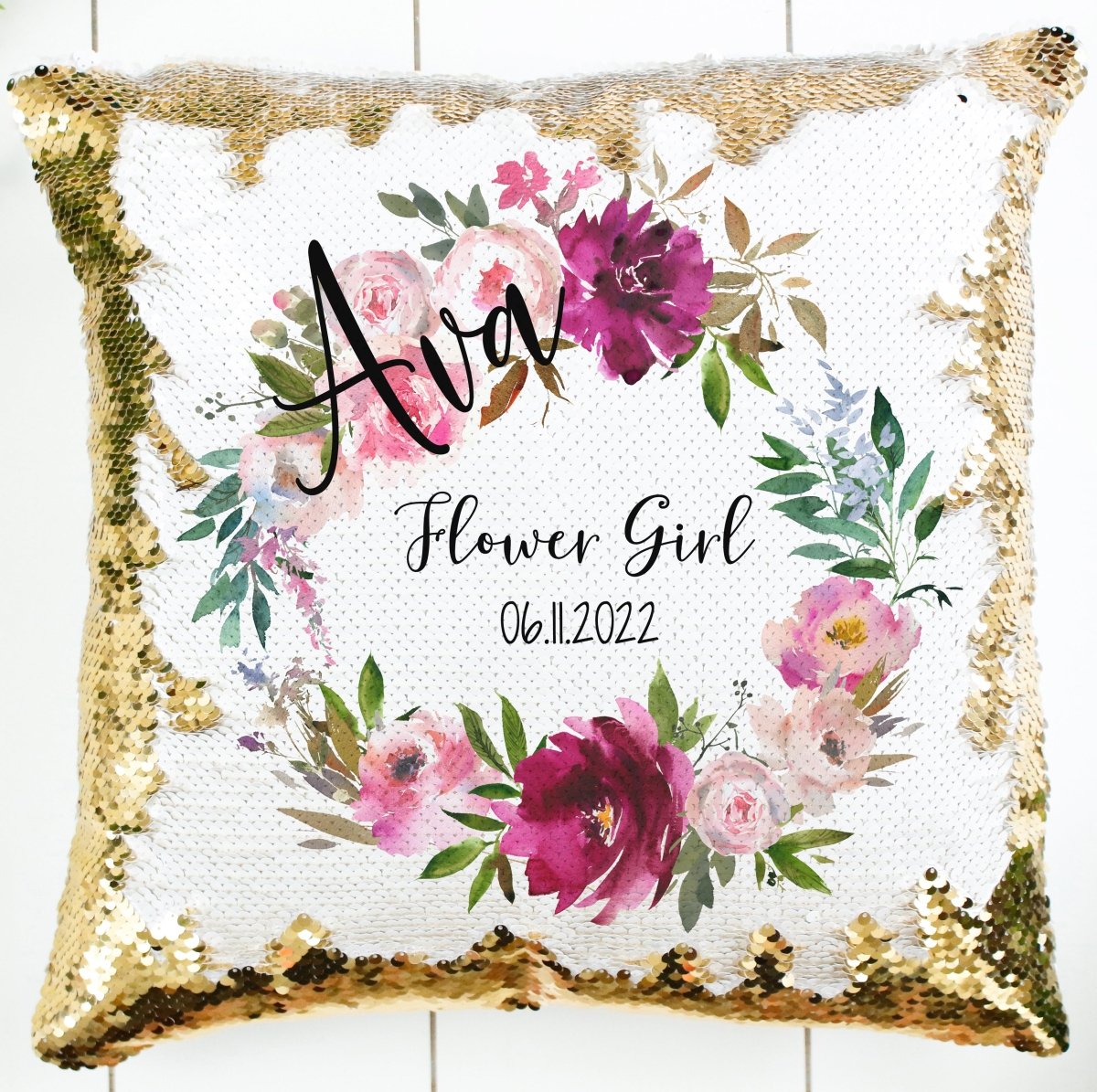 Personalized Flower Girl Pillow Pink Mood Wreath - Zookaboo